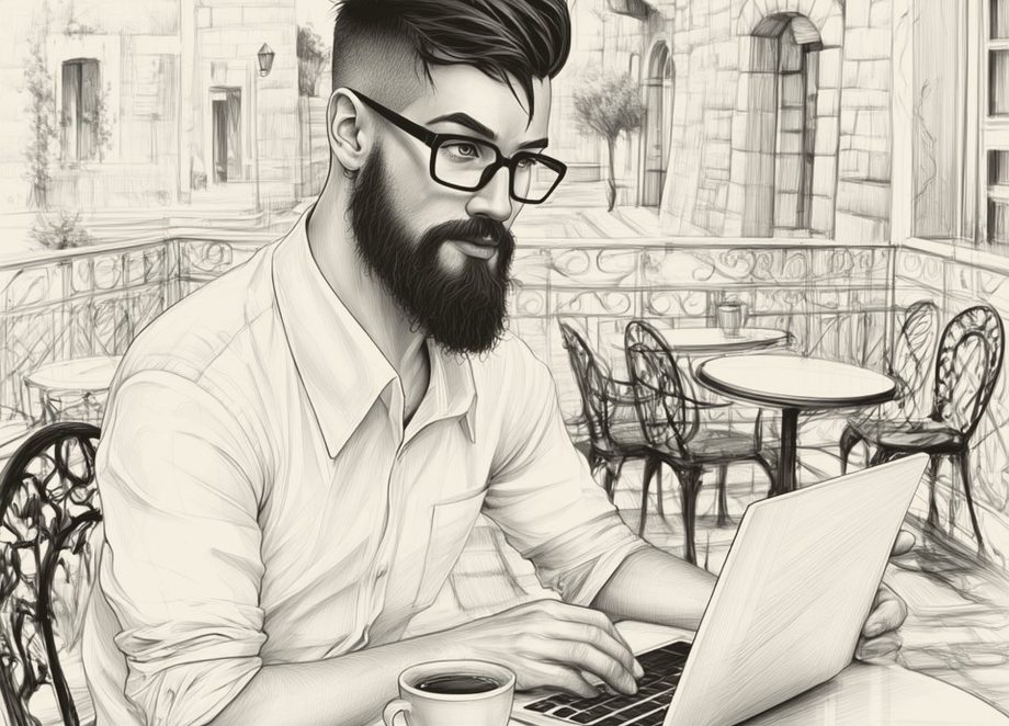 Hipster, bearded and bespectacled, working on a laptop at a cafe table on a terrace abroad, with a cup of coffee beside him.