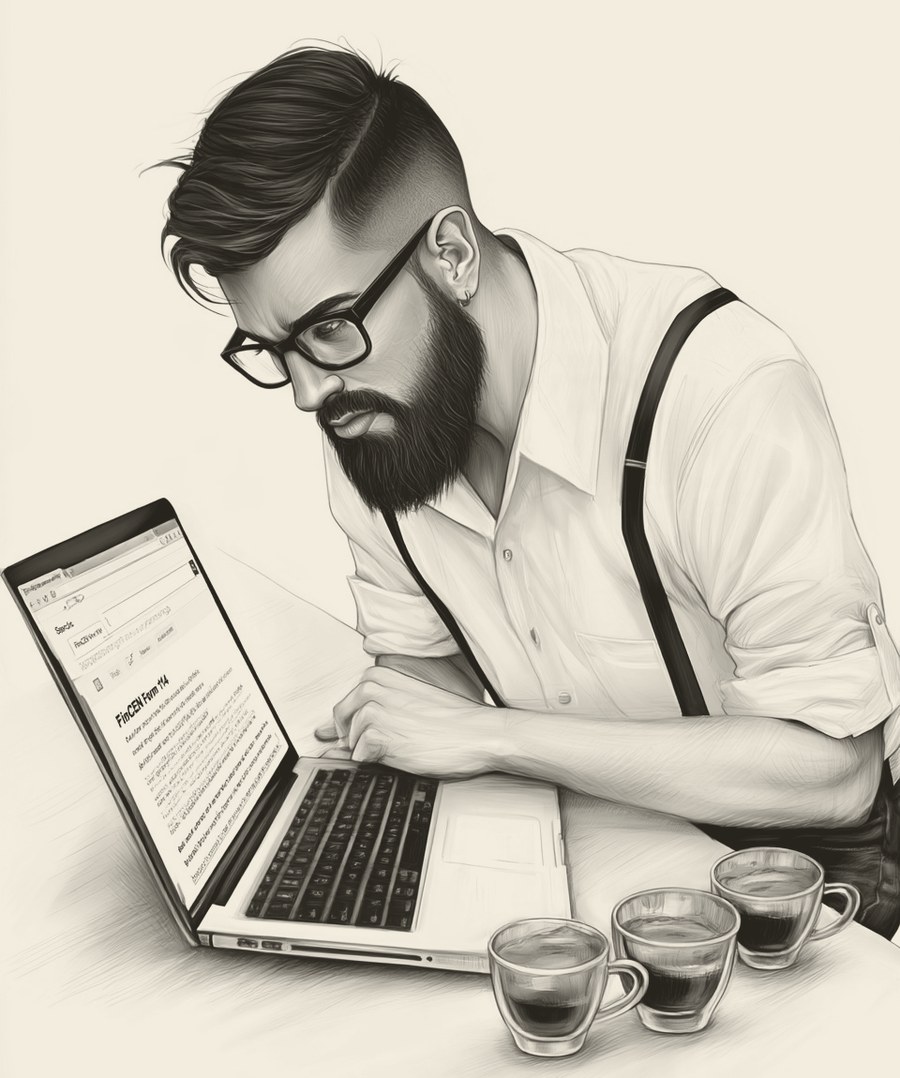 Hipster hunched over a laptop showing a FinCEN Form 114 search result, frowning, with three small coffee cups on the table beside him.