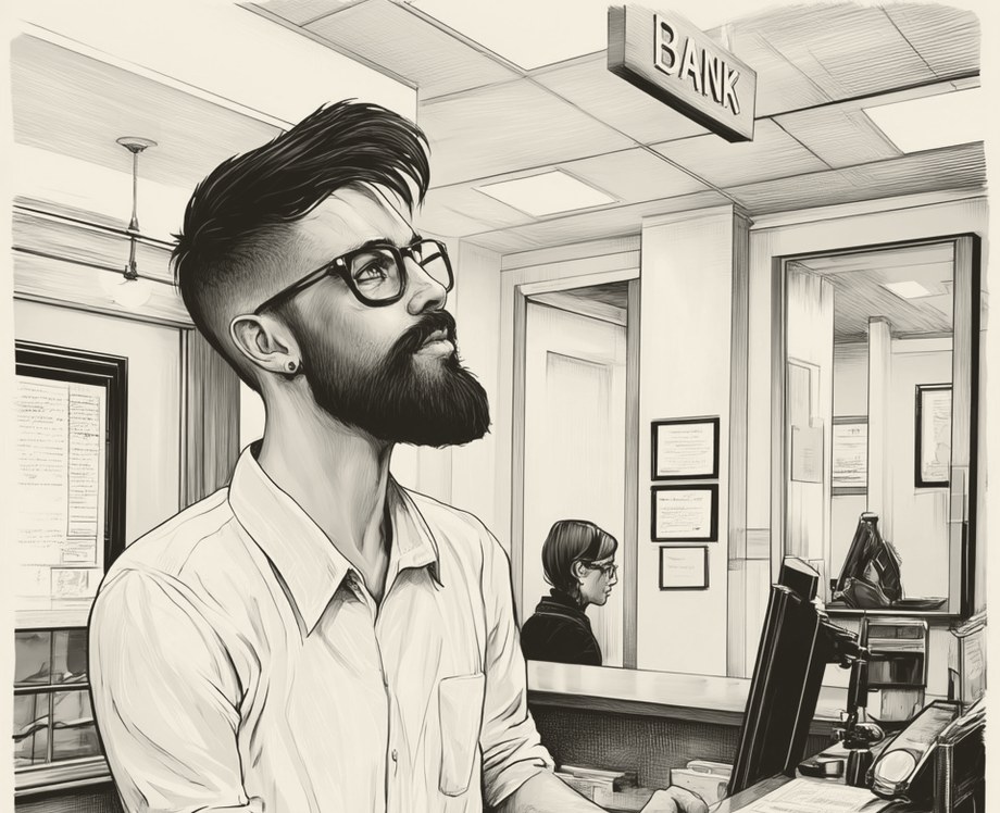 Hipster standing at a bank counter, looking up and to the side, one hand resting on a slip of paper, a teller visible in the background behind a glass partition.