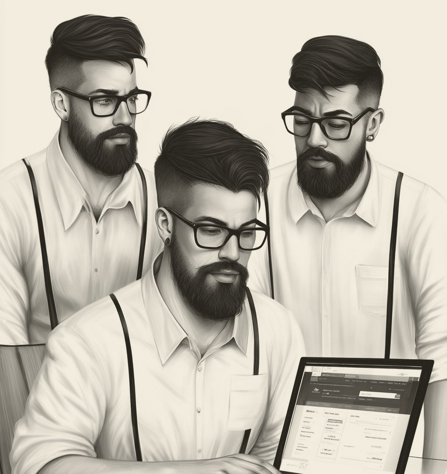 Hipster seated at a laptop showing an online banking page, with his two business partners standing behind him and looking at the screen.