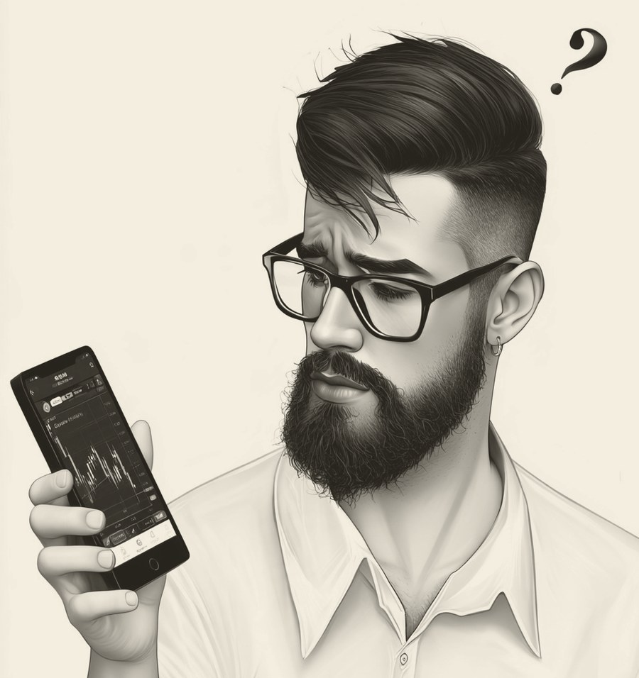 Hipster holding a phone that shows a crypto exchange price chart, frowning at it, with a small question mark floating above his head.