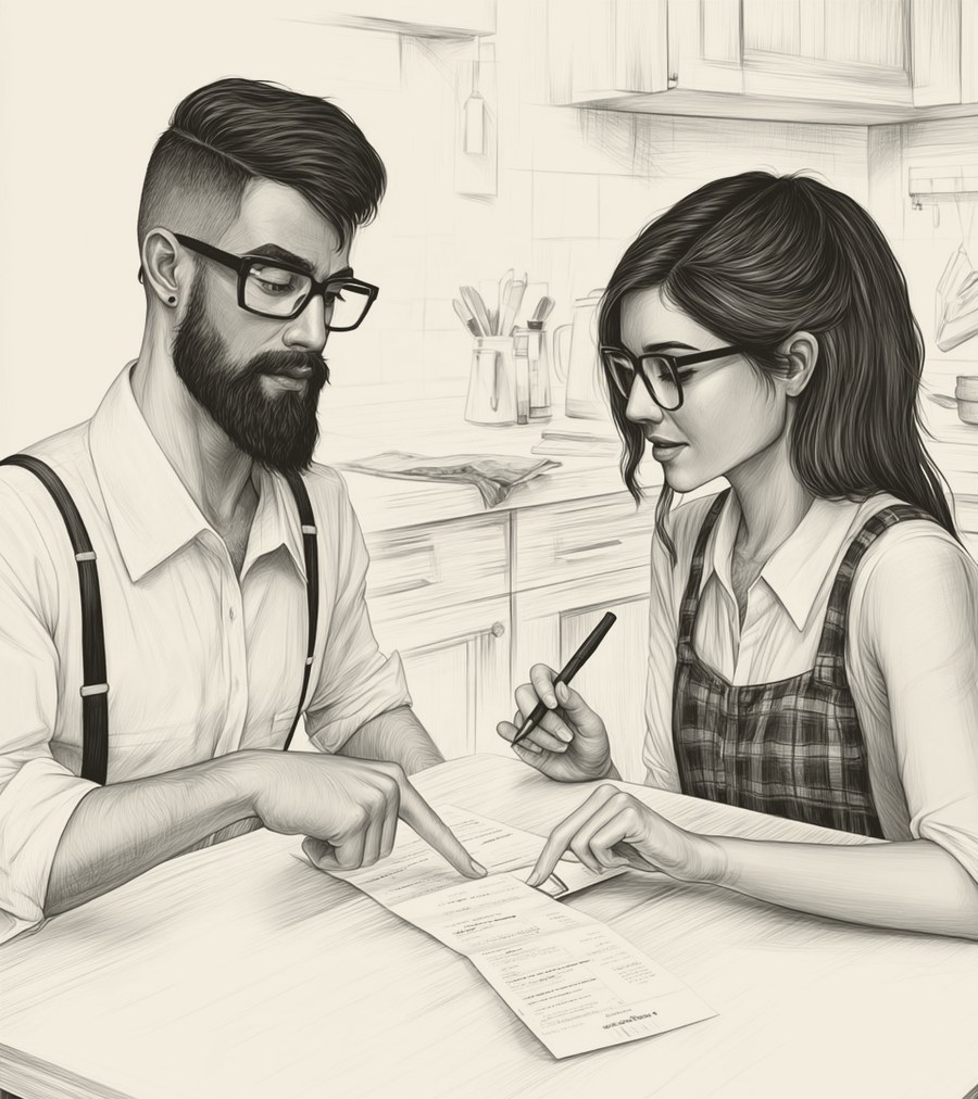 Hipster and his girlfriend sitting at a kitchen table, both pointing at a paper receipt between them while she holds a pen.