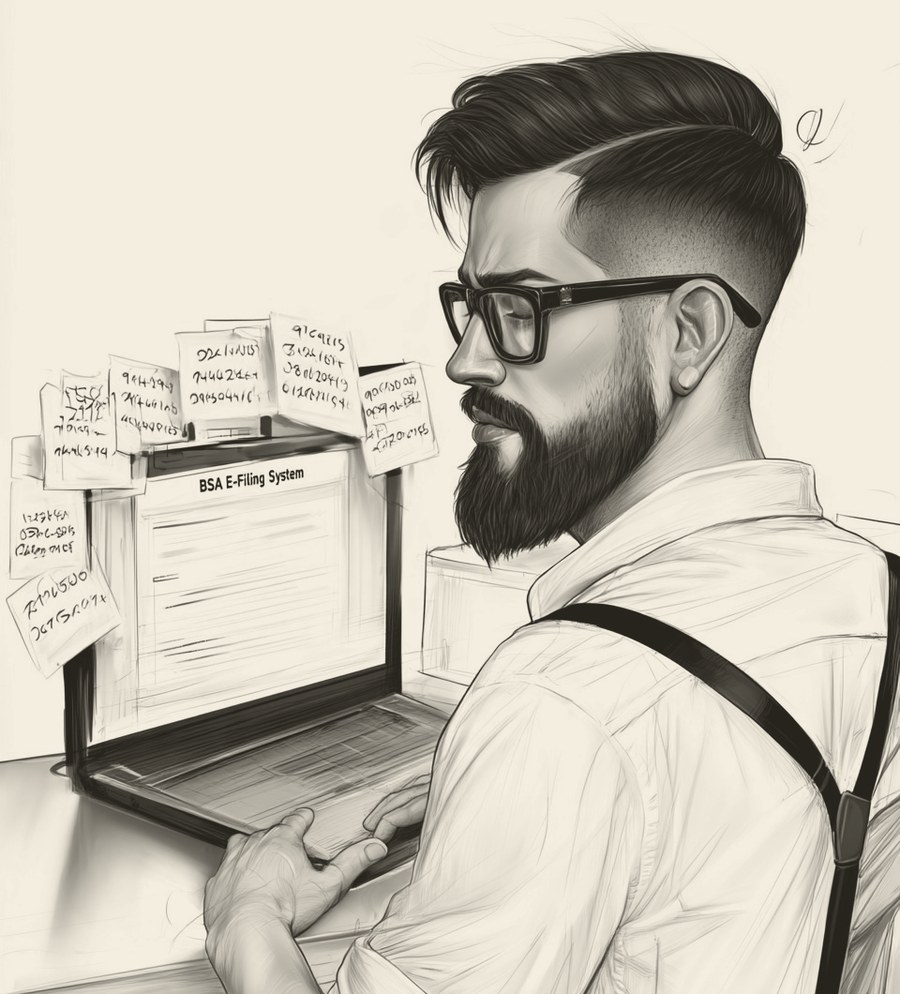 Hipster in profile at a laptop showing the BSA E-Filing System page, with sticky notes of account numbers stuck around the screen.