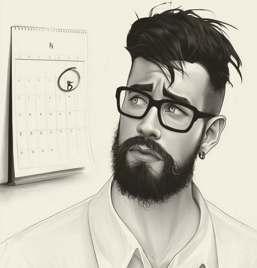 Hipster looking worriedly up at a wall calendar with the 15th circled in marker.