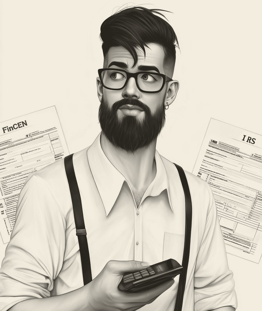 Hipster holding a calculator and glancing sideways, with one form labeled FinCEN behind him on the left and another labeled IRS on the right.