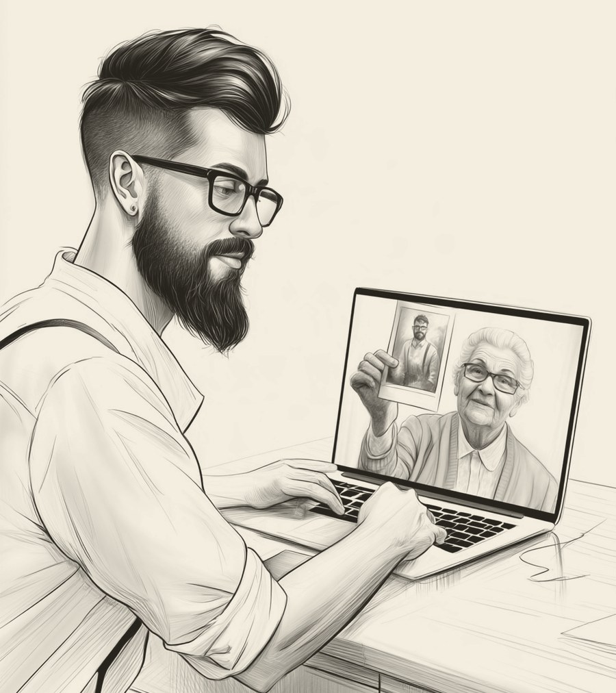 Hipster at a laptop on a video call with his grandmother, who holds up a framed photo of him toward the camera and smiles.